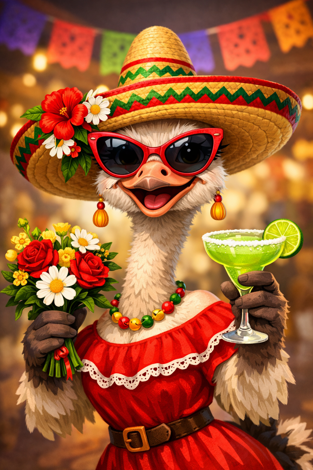 Poort2Health ostrich mascot with flowers and a drink